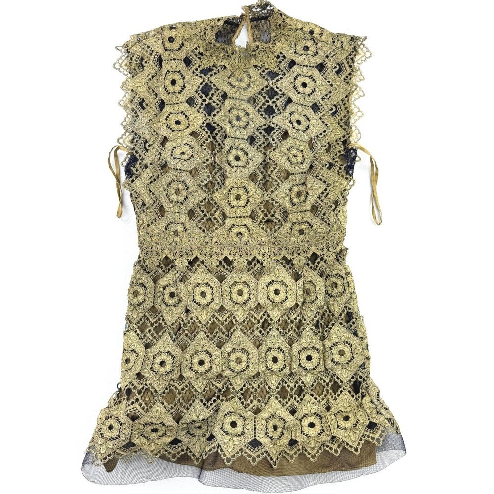 Catherine Deane Size US 10 Gold Lace Sleeveless Mock Neck Mini Dress Eyelet